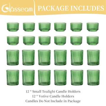 Glass Votive Tealight Candle Holder: Glasseam Small Green Tea Light Holders Bulk Set of 24 Decorative Ribbed Tea Lights Holder for Table Centerpiece Wedding Christmas Dining Room Decor