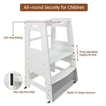 ECOMEX Toddler Standing Tower for Kitchen, Step Stool for Kid's Adjustable Height Learning Stool, Removable Anti-Drop Safety Rail Stool for Bedroom, Bathroom, White