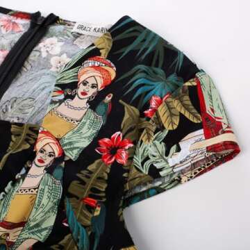 Women's 50s Vintage Printed Leaves Pencil Dress Cap Sleeve Wiggle Dress Large