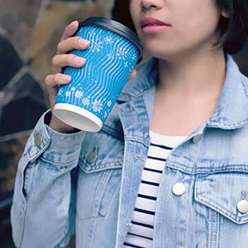 Nobleroyalcity-(NRC) Disposable Coffee Cups with Lids 12 oz - Extra Thick Insulated Disposable Coffee Cups - Recyclable To Go Cups for Hot/Cold Liquids with Leak-Proof Lids and Corrugated - 50 Sets