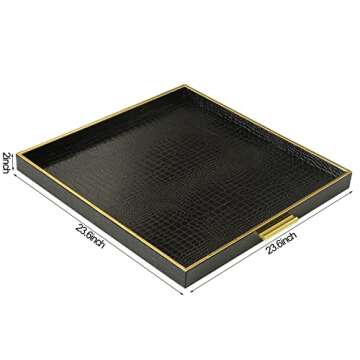 HofferRuffer Extra Large Square Serving Tray, Elegant Faux Leather Ottoman Tray with Gold Hardware H...