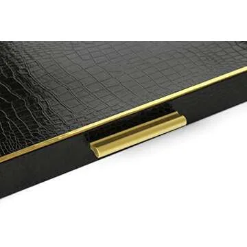 HofferRuffer Extra Large Square Serving Tray, Elegant Faux Leather Ottoman Tray with Gold Hardware Handles, Serve Tea, Coffee or Breakfast in Bed, 24 x 24 inches (Black Croco)