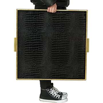 HofferRuffer Extra Large Square Serving Tray, Elegant Faux Leather Ottoman Tray with Gold Hardware Handles, Serve Tea, Coffee or Breakfast in Bed, 24 x 24 inches (Black Croco)