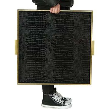 HofferRuffer Extra Large Square Serving Tray, Elegant Faux Leather Ottoman Tray with Gold Hardware Handles, Serve Tea, Coffee or Breakfast in Bed, 24 x 24 inches (Black Croco)