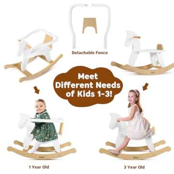 Belleur Wooden Rocking Horse for Toddler 1-3 Year Old, Baby Wood Ride-on Toys with Removable Fence f...