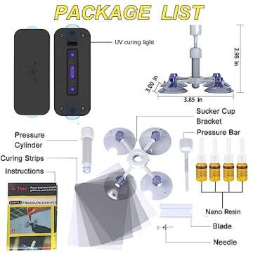 Windshield Repair Kit, Windshield Crack Repair Kit, Efficient Glass Chip Repair Kit with Suction Cup UV Curing Light, 4 Bottles Fluid Glass Repair Liquid for Chips,Cracks,Star-Shaped Crack,Bulls-Eye