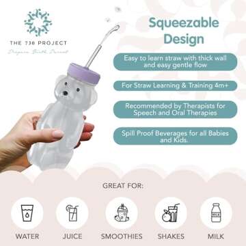 The 730 Project Honey Bear Straw Cup for Babies, 8-oz Honey Bear Cup with Lid, 3-Pack Therapy Learning Honeybear Straw Cup, Baby Honey Bear Bottle Set, Unicorn PURPLE