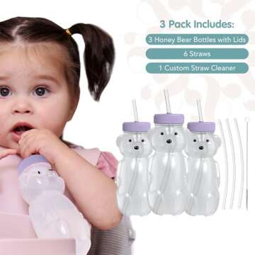 The 730 Project Honey Bear Straw Cup for Babies, 8-oz Honey Bear Cup with Lid, 3-Pack Therapy Learning Honeybear Straw Cup, Baby Honey Bear Bottle Set, Unicorn PURPLE