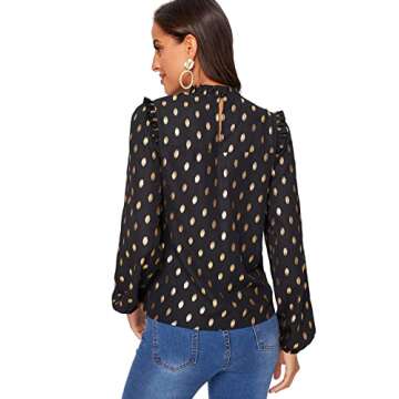 SOLY HUX Women's Frill Trim Stand Collar Long Sleeve Elegant Workwear Blouse Top Shirts Black L