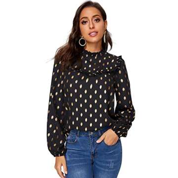 SOLY HUX Women's Frill Trim Stand Collar Long Sleeve Elegant Workwear Blouse Top Shirts Black L