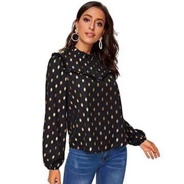 SOLY HUX Women's Frill Trim Stand Collar Long Sleeve Elegant Workwear Blouse Top Shirts Black L