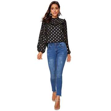 SOLY HUX Women's Frill Trim Stand Collar Long Sleeve Elegant Workwear Blouse Top Shirts Black L