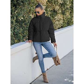 MEROKEETY Women's Long Sleeve Thicken Puffer Jacket Oversized Quilted Short Winter Coat with Pockets, Black, M