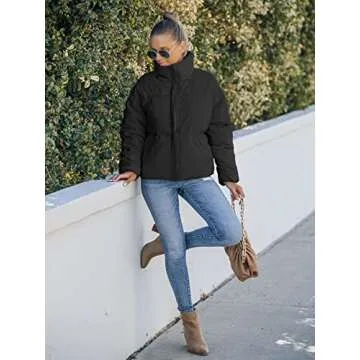 MEROKEETY Women's Long Sleeve Thicken Puffer Jacket Oversized Quilted Short Winter Coat with Pockets, Black, M