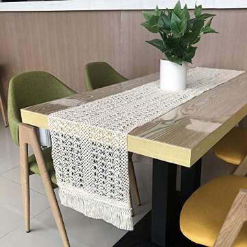 Fowecelt Macrame Table Runner 12 x 84 Inch for Farmhouse Dining Coffee Table Decor Boho Rustic Wedding Bridal Shower Party, Natural Cotton Crochet Lace Bohemian Kitchen Table Runners with Tassels