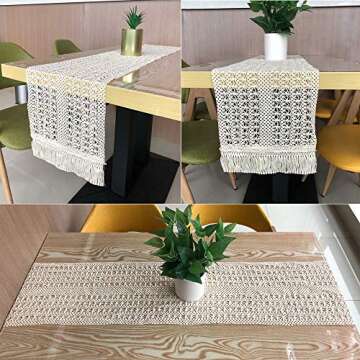 Fowecelt Macrame Table Runner 12 x 84 Inch for Farmhouse Dining Coffee Table Decor Boho Rustic Wedding Bridal Shower Party, Natural Cotton Crochet Lace Bohemian Kitchen Table Runners with Tassels