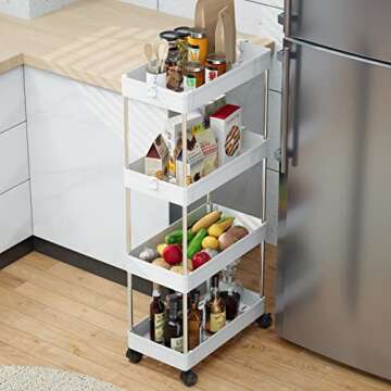 OTK Storage Cart 4 Tier Mobile Shelving Unit Organizer, Utility Rolling Shelf Cart with Wheels for B...