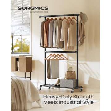 SONGMICS Heavy-Duty Clothes Rack, Double-Rod Clothing Rack for Hanging Clothes, Industrial Garment R...