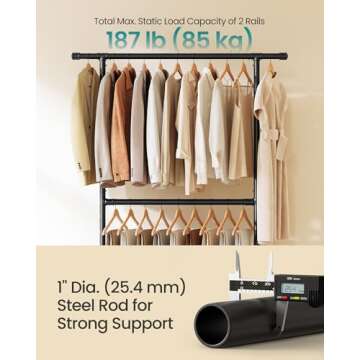 SONGMICS Heavy-Duty Clothes Rack, Double-Rod Clothing Rack for Hanging Clothes, Industrial Garment Rack on Wheels, Adjustable Metal Frame, 2 Casters with Brakes, Commercial Display, Black UHSR62BK