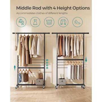SONGMICS Heavy-Duty Clothes Rack, Double-Rod Clothing Rack for Hanging Clothes, Industrial Garment Rack on Wheels, Adjustable Metal Frame, 2 Casters with Brakes, Commercial Display, Black UHSR62BK