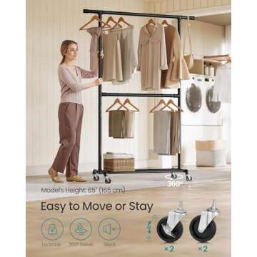 SONGMICS Heavy-Duty Clothes Rack, Double-Rod Clothing Rack for Hanging Clothes, Industrial Garment Rack on Wheels, Adjustable Metal Frame, 2 Casters with Brakes, Commercial Display, Black UHSR62BK