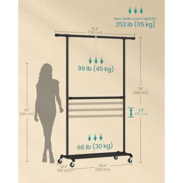 SONGMICS Heavy-Duty Clothes Rack, Double-Rod Clothing Rack for Hanging Clothes, Industrial Garment Rack on Wheels, Adjustable Metal Frame, 2 Casters with Brakes, Commercial Display, Black UHSR62BK