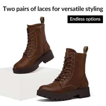 mysoft Women's Combat Boots Lace-Up Platform Ankle Booties Chunky Low Heel Side Zipper Shoes