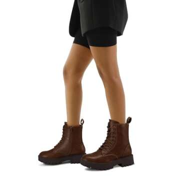 mysoft Women's Combat Boots Lace-Up Platform Ankle Booties Chunky Low Heel Side Zipper Shoes