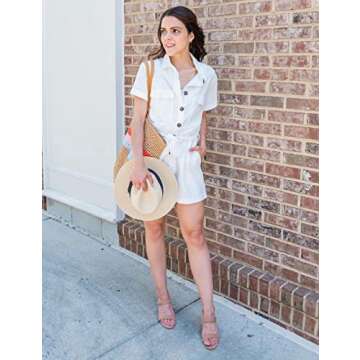 GRAPENT Women's Ivory Summer Casual Short Sleeves Button Down Pocket Belted Jumpsuits Rompers Size Medium (Fits US 8-10)