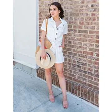 GRAPENT Women's Ivory Summer Casual Short Sleeves Button Down Pocket Belted Jumpsuits Rompers Size Medium (Fits US 8-10)
