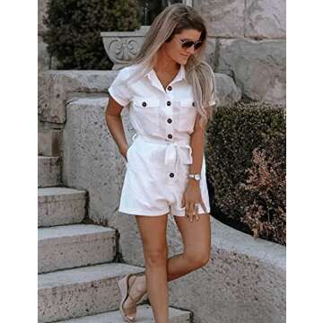 GRAPENT Women's Ivory Summer Casual Short Sleeves Button Down Pocket Belted Jumpsuits Rompers Size Medium (Fits US 8-10)