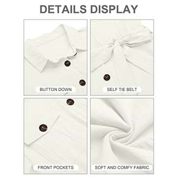GRAPENT Women's Ivory Summer Casual Short Sleeves Button Down Pocket Belted Jumpsuits Rompers Size Medium (Fits US 8-10)