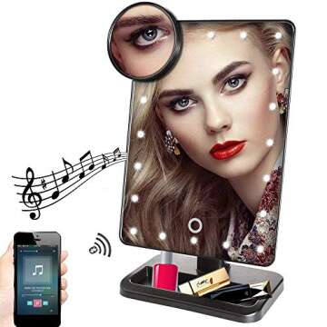 Fenair Makeup Vanity Mirror with Bluetooth Rechargeable Lighted 20 LED Mirror,Touch Screen Cosmetic Vanity Mirror,Detachable 10X Magnification 180° Rotation,Makeup Mirror (Black)