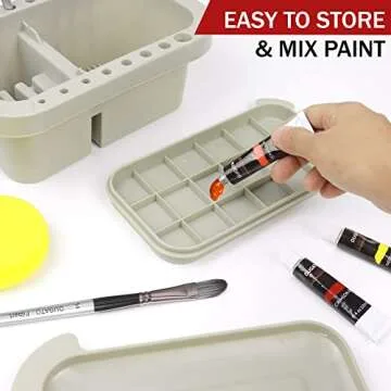 DUGATO Paint Brush Cleaner Washer, Multifunction Painting Brush Basin Holder and Organizer with Tray Palette Lid & 2 Art Sponges for Acrylic, Watercolor, Oil, Gouache Painting (Grey)