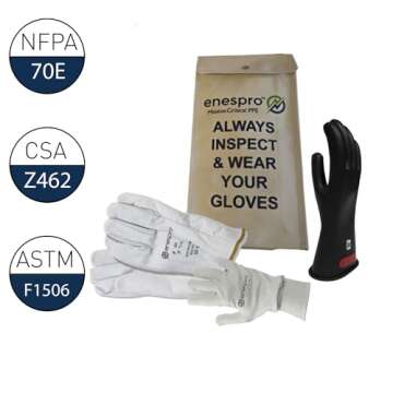 Enespro Class 0 Black Rubber Voltage Insulating Glove Premium Kit with FR Knit Glove and Leather Pro...