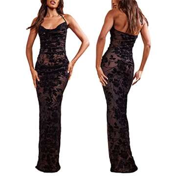 Women Spaghetti Strap Floral Bodycon Maxi Dress Big Flower Sleeveless Summer Casual Long Dress Night Out Beach Dress