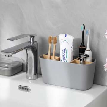 Toothbrush Holders for Bathrooms, Bamboo Tooth Brush Holder with 5 Slots Bathroom Vanity Organizer Countertop for Electric Toothbrushes, Toothpaste, Razors - Grey