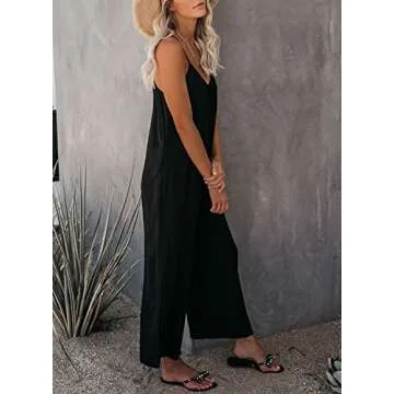 Dokotoo Women's Loose Black Jumpsuits for Women Adjustable Spaghetti Strap Stretchy Wide Leg Solid One Piece Sleeveless Long Pant Romper Jumpsuit with Pockets Small