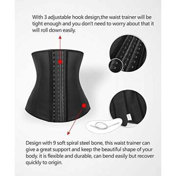 YIANNA Latex Long Torso Waist Trainer for Women Tummy Control Underbust Waist Cincher Corset Sport Girdle Body Shaper, Size 3XL (Black)