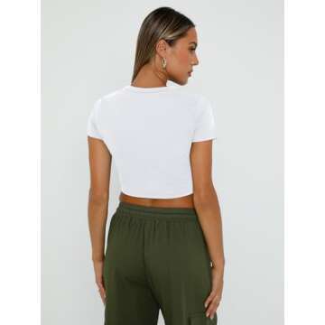 WYNNQUE Womens Crop Tops Cute Summer Scoop Neck Basic Tees Slim Fit Trendy Short Sleeve T Shirts for Teen Girls 2025 White L