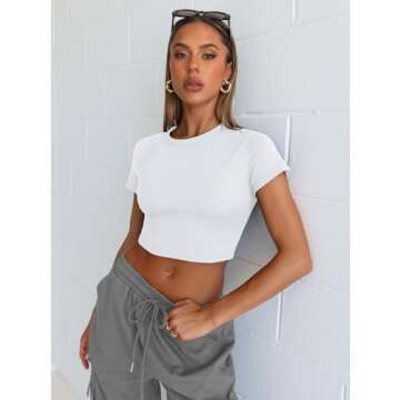 WYNNQUE Womens Crop Tops Cute Summer Scoop Neck Basic Tees Slim Fit Trendy Short Sleeve T Shirts for Teen Girls 2025 White L