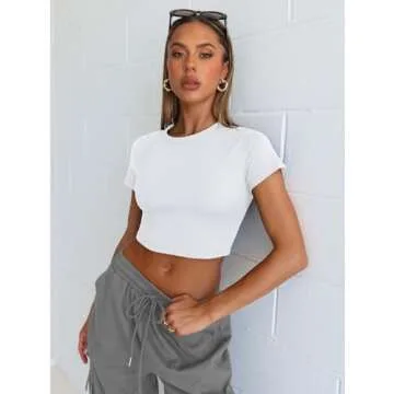WYNNQUE Womens Crop Tops Cute Summer Scoop Neck Basic Tees Slim Fit Trendy Short Sleeve T Shirts for Teen Girls 2025 White L