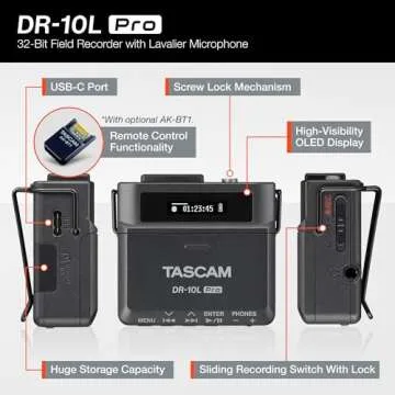 TASCAM DR-10L Pro Ultra Portable Personal Recorder with Lavalier Microphone, 32-bit Float Recording, microSDHC Card Support, and Support for Atomos Wireless Timecode