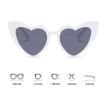 Ridering Women Fashion Goggle Heart Sunglasses Vintage Love Heart Shaped Sunglasses Cat Eye Mod Style Style Retro Glasses (White, Grey)