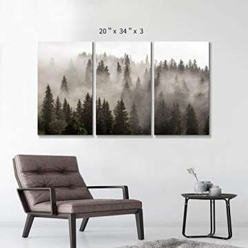 Foggy Forest Picture Wall Art: Landscape Painting Misty Pine Trees Artwork Print on Canvas for Livin...