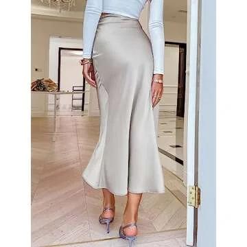 DIERAN Women's Summer Casual Skirts High Waist Solid Satin Long Skirt for Beach