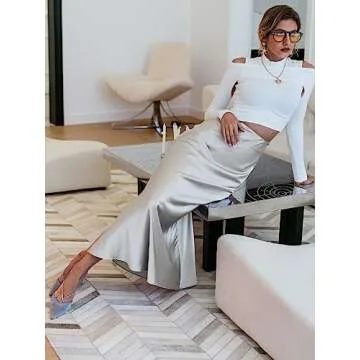 DIERAN Women's Summer Casual Skirts High Waist Solid Satin Long Skirt for Beach