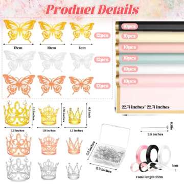 cridoz 208Pcs Flower Bouquet Accessories, 60 Floral Wrapping Paper, 9 Gold Crowns, 36 Butterfly Deco...