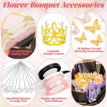 cridoz 208Pcs Flower Bouquet Accessories, 60 Floral Wrapping Paper, 9 Gold Crowns, 36 Butterfly Decorations, 100 Flower Pins and 3 Ribbons for Bouquets, Florist Supplies