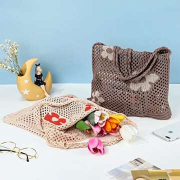 2 Pcs Boho Crochet Bag Knitted Tote Bag Grunge Aesthetic Tote Bag Mesh Hollow Shoulder Bags Casual H...
